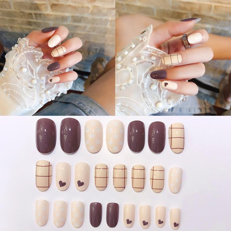 

2020 New 24pcs Heart-shaped Cute Pattern Acrylic Round Head Fake Nails Tips Decorated For Fashion Nail Art Nail Decoration, 01