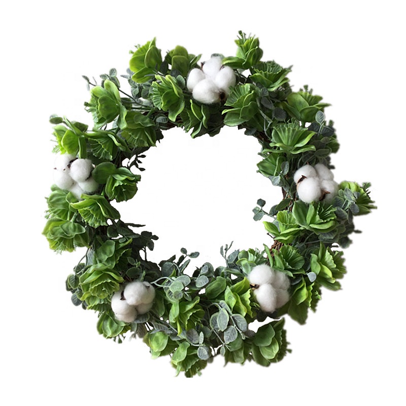 

Family Decoration Door Wreath 15 Inch Artificial Plastic Trumpet Flower Wreath with Natural Cotton Boll, Green