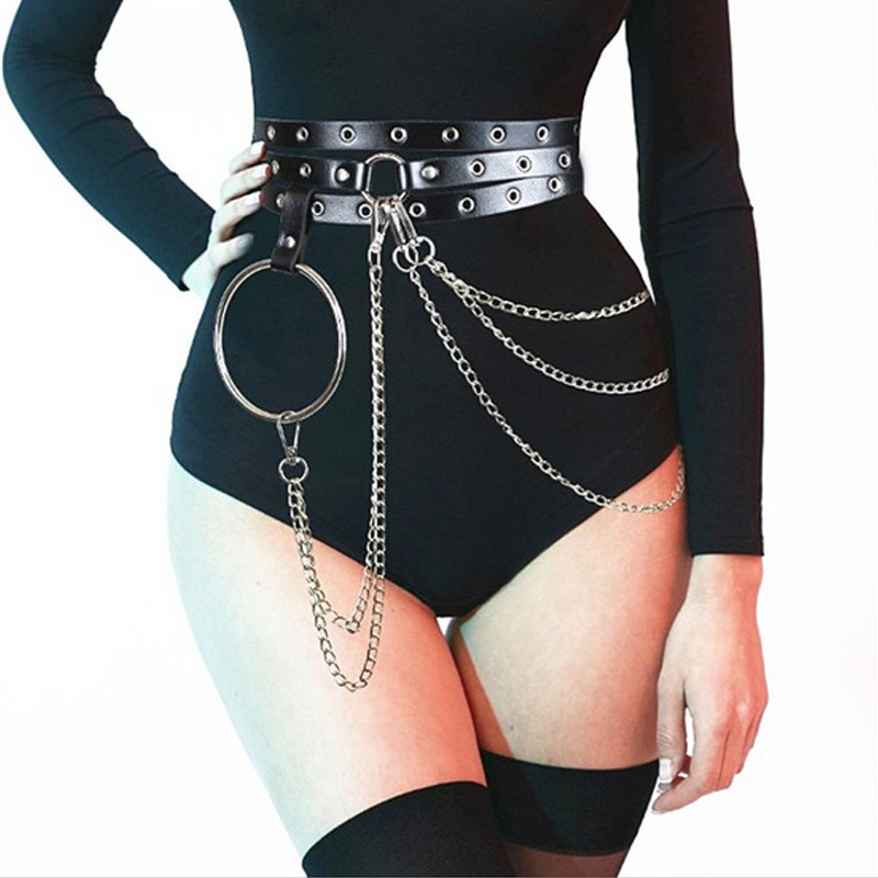 

2020 Punk Belt With Metal Women Waist Chain Skirt Belts Pu Leather Nightclub Hiphop Rock Sexy Jeans Dress Heart Ceinture Femme, Black