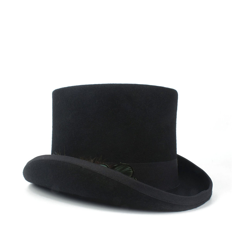 

Top 15CM Black Feather Top Hat For Women Men Wool Fedora Millinery Goggles Party Cosplay Cap S M L XL