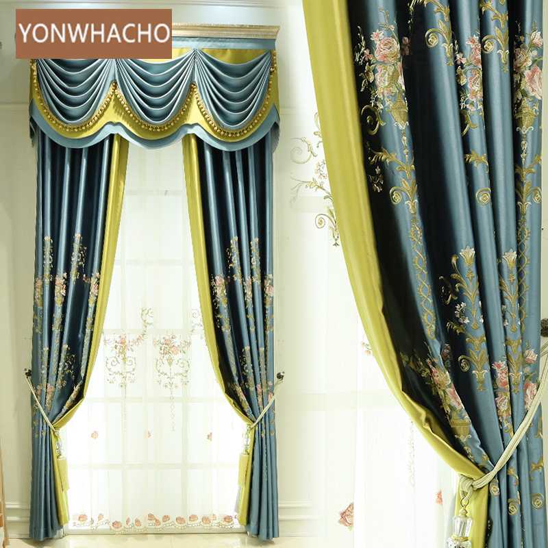 

Custom curtains high precision embroidery upscale American living room blue cloth blackout curtain tulle valance drape B848