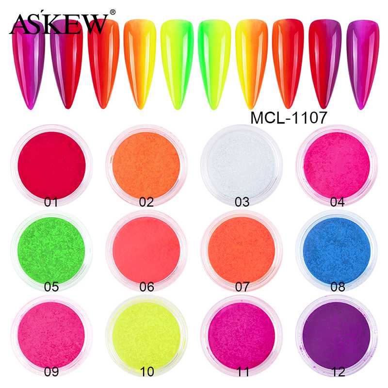

12 Colors/set Fluorescent Pigment Powder Nail Glitter Shinny Chrome Dust DIY UV Gel Manicure Nail Art Decorations