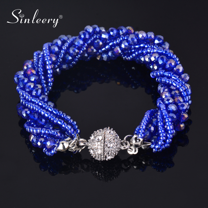 

SINLEERY 19CM Fashion Blue Crystal Beads Multilayers Wrap Bangle Bracelet For Women Chic Accessories SL049 SSH