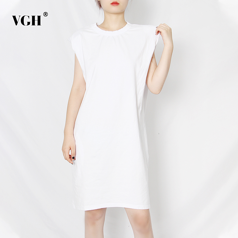 

VGH Loose White Dress For Women O Neck Sleeveless Solid Minimalist Plus Size Casual Dresses Female 2020 Summer Fashion New Tide, Black