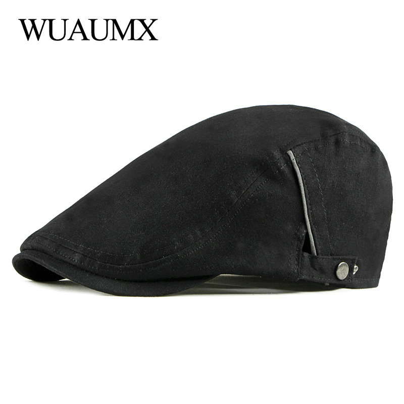 

Wuaumx NEW Casual Men's Hat Solid Beret Hat For Women Cotton Visors Herringbone Flat Cap Artist Peaked Cap Black Gray Casquette