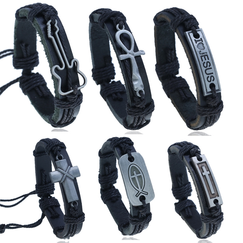 

Vintage Woven Lion Guitar Leather Bracelet Simple Religious Alloy Cross Bracelet for Man Fashion Jewelry Accessories Gift