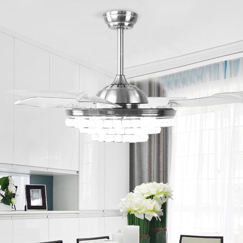 

42inch LED Crystal Ceiling Fans Remote Controll 36w Folding Retractable Lamp Living Room Bedroom Multifunctional Modern Fan Lamp