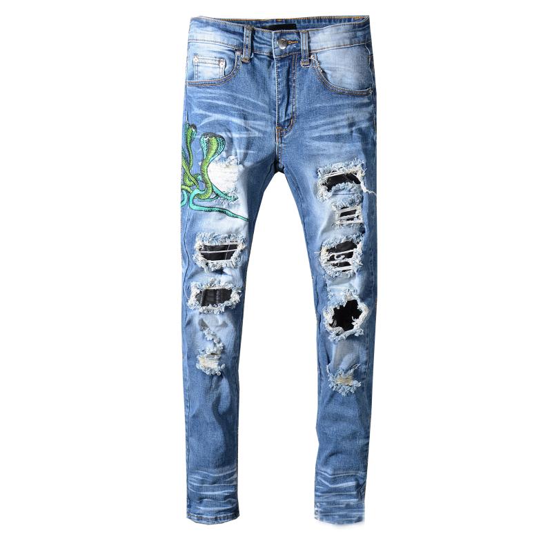 

New Men's male blue snake embroidery skinny jeans Streetwear PU leather patchwork holes ripped stretch denim pants trousers, As pic