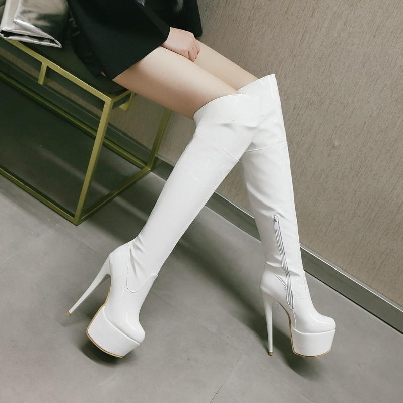 

Women over-the-knee boots plus size 22-28 cm European and American platform long boots Fashion sexy pointed patent leather, Black