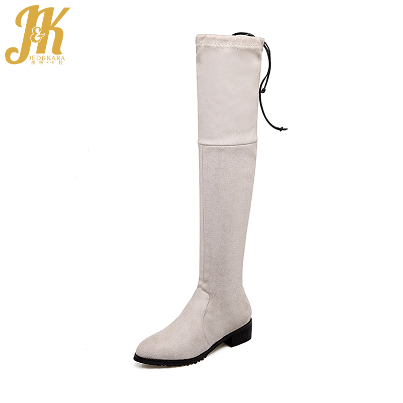 

JK Winter Thick Heels Stretch Boots Flock Female Shoes Over The Knee Elastic Boot Warm Short Plush 2020 Footwear Big Size 33-46, Wine red