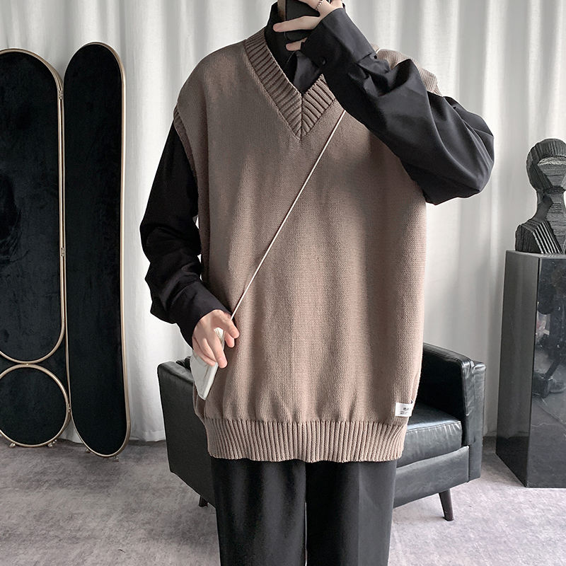 

Autumn Korean Sweater Vest Men's Fashion Solid Color V-neck Knitted Pullover Men Streetwear Loose Vest Knitting Sweaters Mens, Black