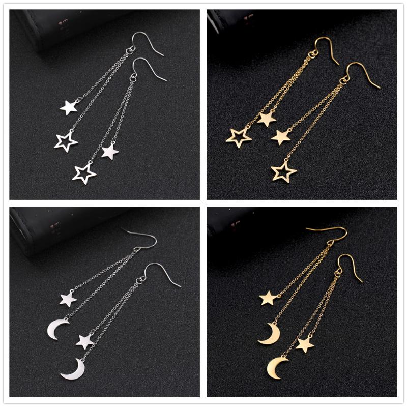 

Skyrim Fashion Golden Star Moon Tassel Earrings Women Korean Statement Dangle Earring Stainless Steel Jewelry Gift 2020