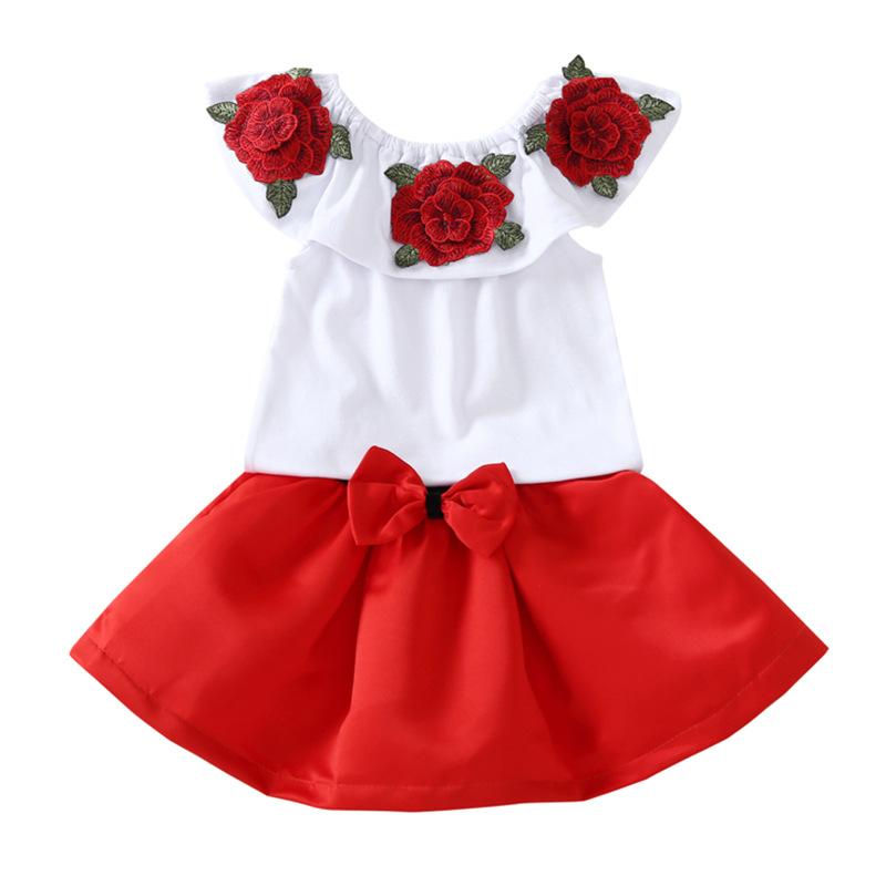

Summer Baby Girl Clothes Sets Children Embroidered Rose Short-Sleeved T-shirt And Bow Skirt Suit Cute 2PCS Girls Clothing Sets, Pink