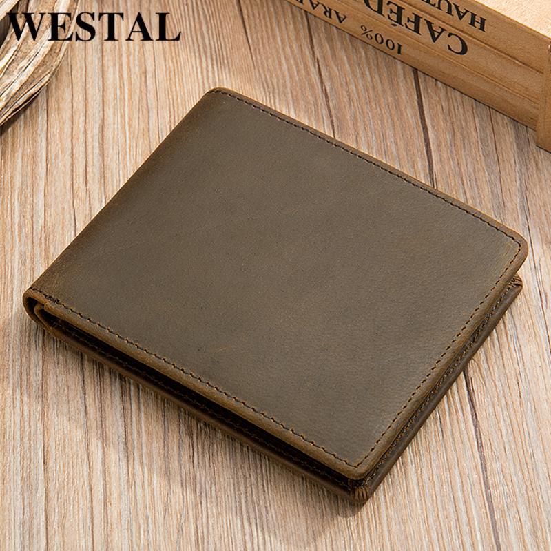 

WESTAL men's wallet crazy horse leather purse for men holder male slime wallet short vintage men's money purse 8808, 8808b4brown
