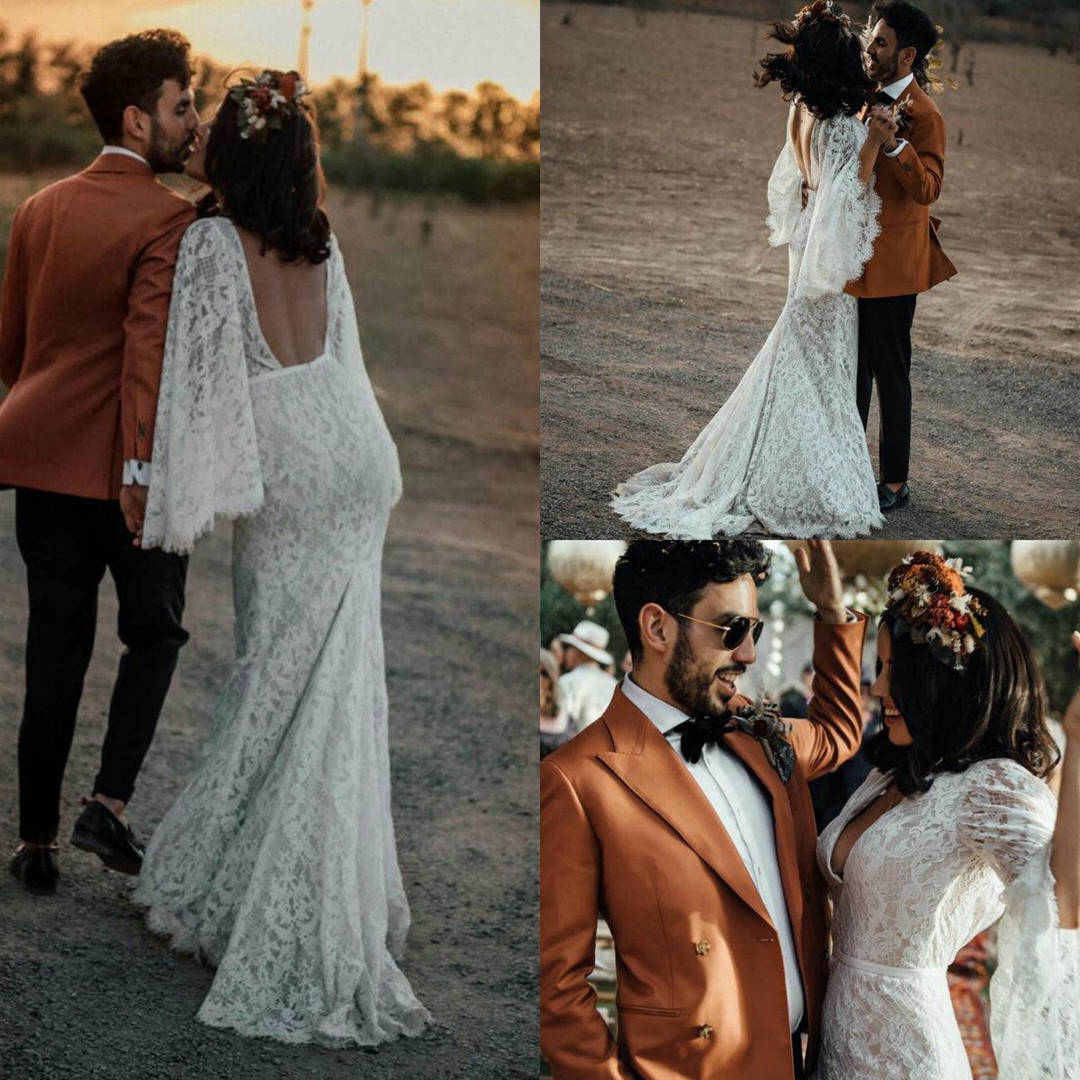 

2020 Bohemia Wedding Dresses V Neck Long Sleeves Appliques Lace Mermaid Bridal Gowns Custom Made Backless Sweep Train Boho Wedding Dress, Ivory