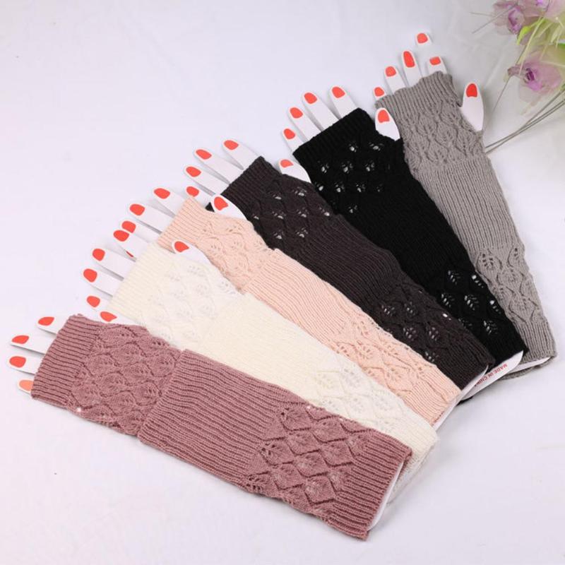 

11.11 New Winter Warm Women Solid Color Soft Stretchy High Elastic Hollow Leaves Fingerless Long Knitted Gloves Christmas Gift