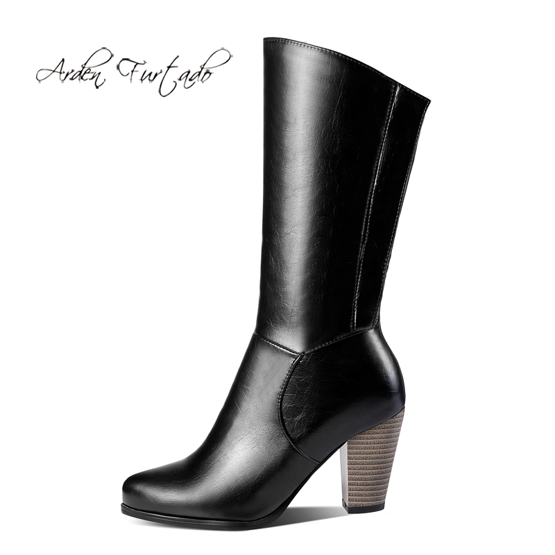 

Arden Furtado Fashion Women's Shoes Winter Pointed Toe Chunky Heels Zipper Sexy Elegant Ladies Boots Mature brown half boots 43, Black