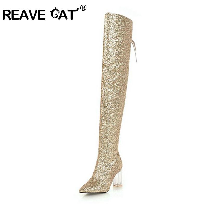 

REAVE CAT Winter autumn Shoes women Over the knee boots Solid Lace up thigh high boots Clear heel Shoes Botas feminino A1406, Black velvet