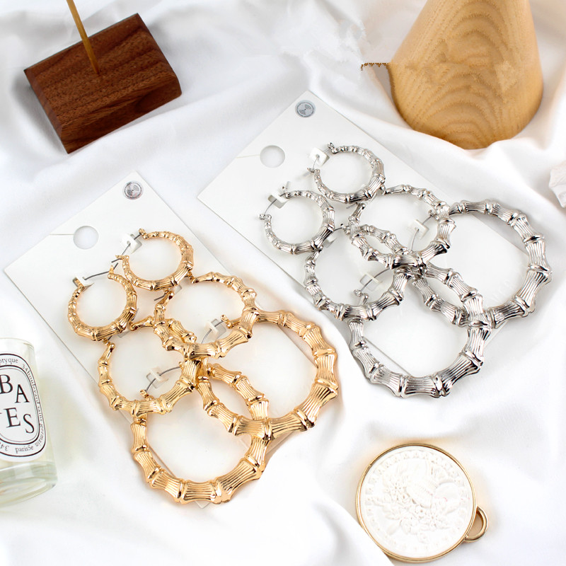 

Punk Hiphop Round Earings Oorbellen Orecchini 3Pairs/Sets Mix Size Bamboo Joint Hoop Earrings Fashion Tone Big Circle Hoops 9cm