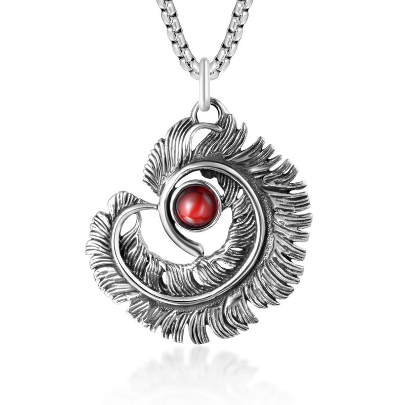 

Hemiston Punk Domineering Retro Titanium Steel Feather Pomegranate Red Gem Men's Pendant Fashion Fashion Necklace