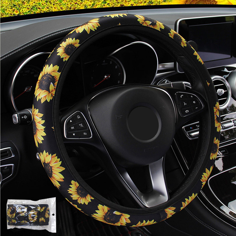 

Car Steering Wheel Cover Knitted Fabric Sunflower Floral Print Steering Covers Auto Non Slip Stretchy Neoprene Car Styling