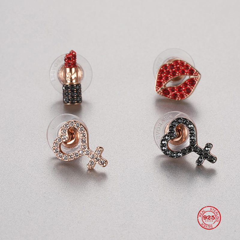 

Fashion Charm Sterling Silver Original Copy, Sweetheart Lipstick Red Lips Combination Earrings Women Luxury Jewelry Gifts