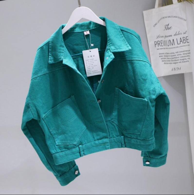 

2020 Spring and Autumn Students Pure Color Bat Sleeve Short Denim Jacket Women' Washed Water Cowboy Coat Loose Jeans Jacket, Green