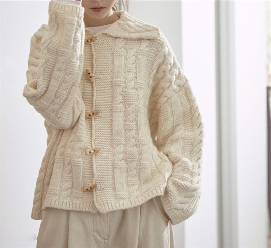 

Autumn new style Korean college style thick wool knit cardigan sweater women navy collar jacket outer jacket, Beige