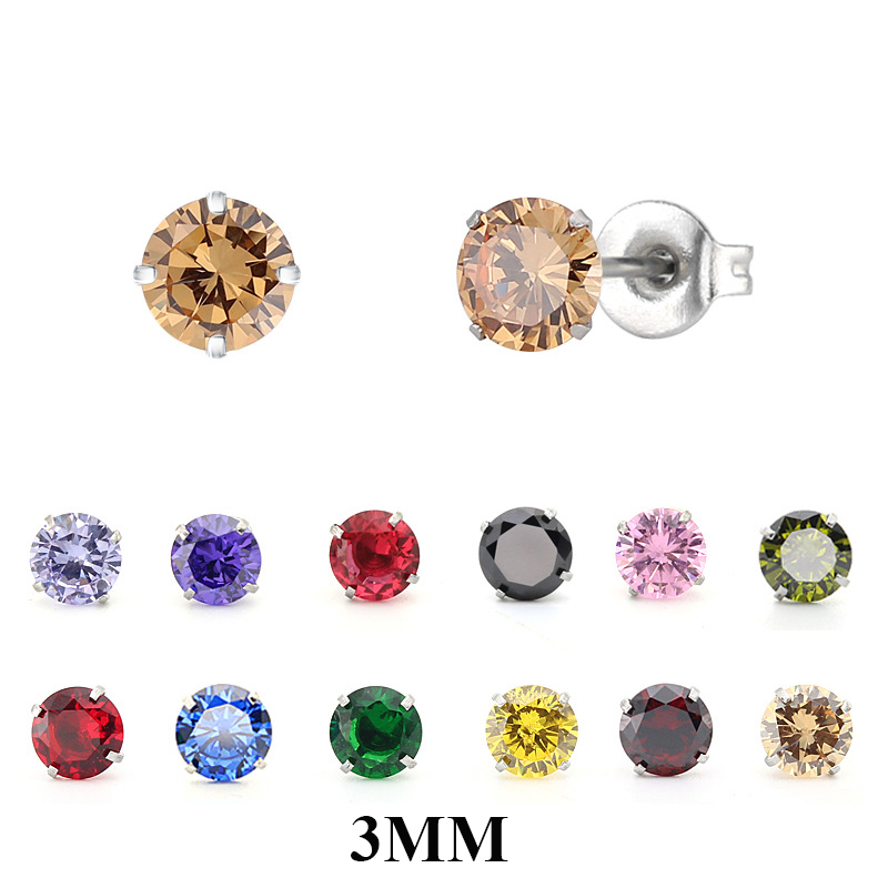 

3MM Titanium Steel Stainless Steel Earrings Jewelry Four-claw Inlaid Crystal 3mm Colorful Zircon Fine Needle stud Earrings