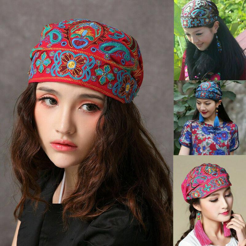 

Women Ethnic Vintage Embroidery Flowers Bandanas Red Print Hats for Women Beanies Hats