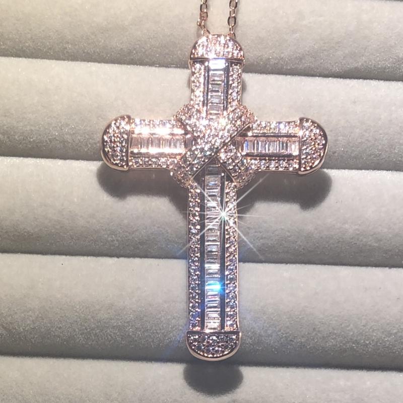 

Chains 925 Silver Exquisite Bible Jesus Cross Pendant Necklace Women Men Crucifix Charm Simulated Diamond Rose Gold Jewelry