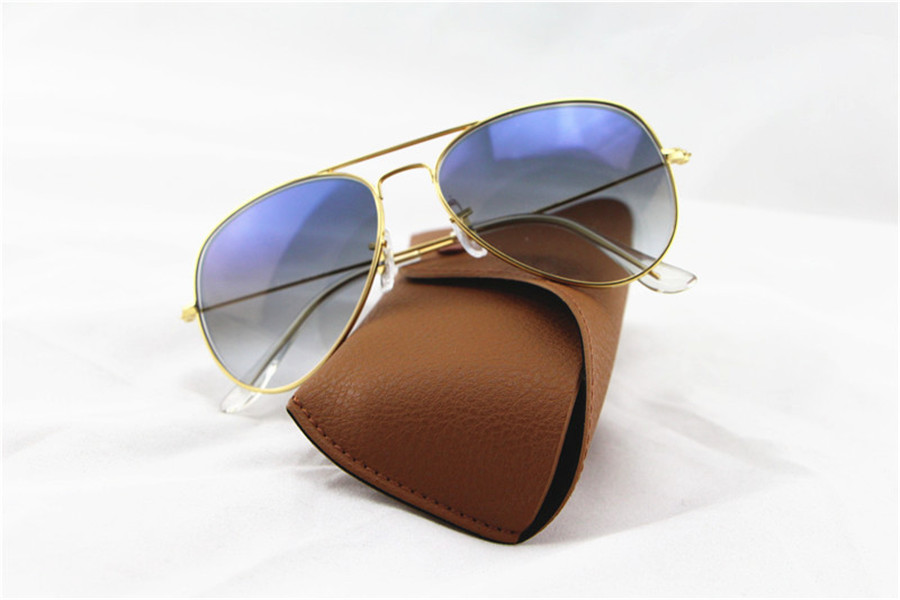 

1 pcs High Quality Fashion Pilot Sunglasses Sun Glasses For Men Women Gradient Alloy Metal Gold Blue Glass Lens 58mm 62mm with Box Case