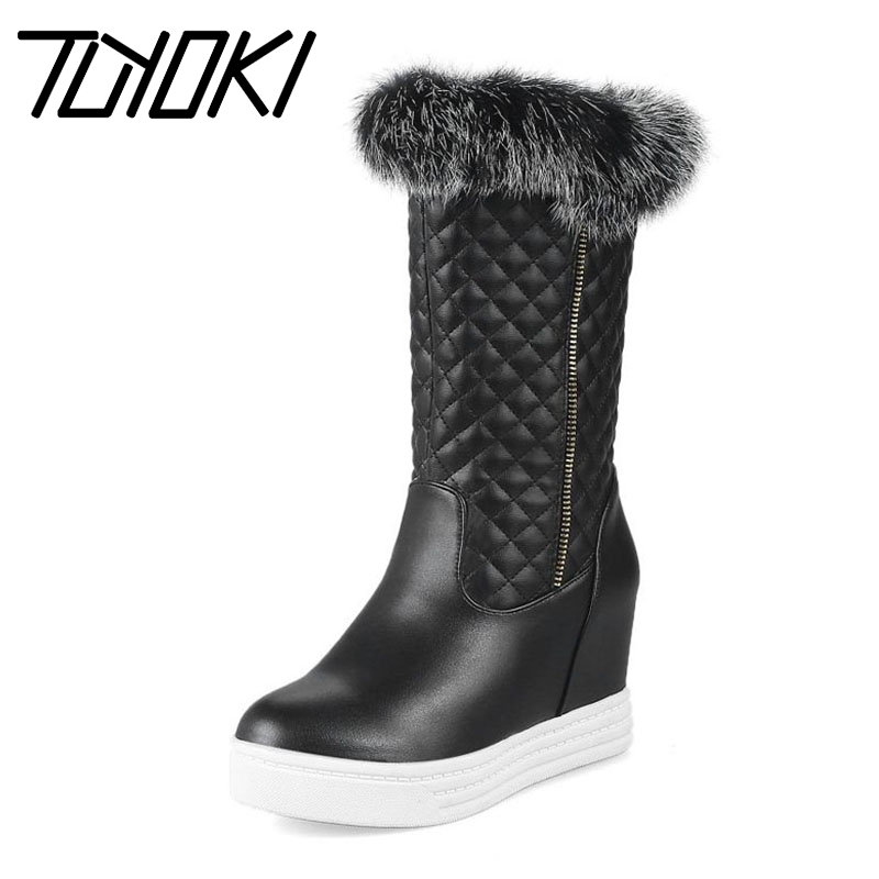 

Tuyoki 4 Colors Thick Bottom Winter Warm Mid Calf Boots Fur Wedges Outdoor Casual Shoes Woman Daily Long Boots Size 34-44, Red