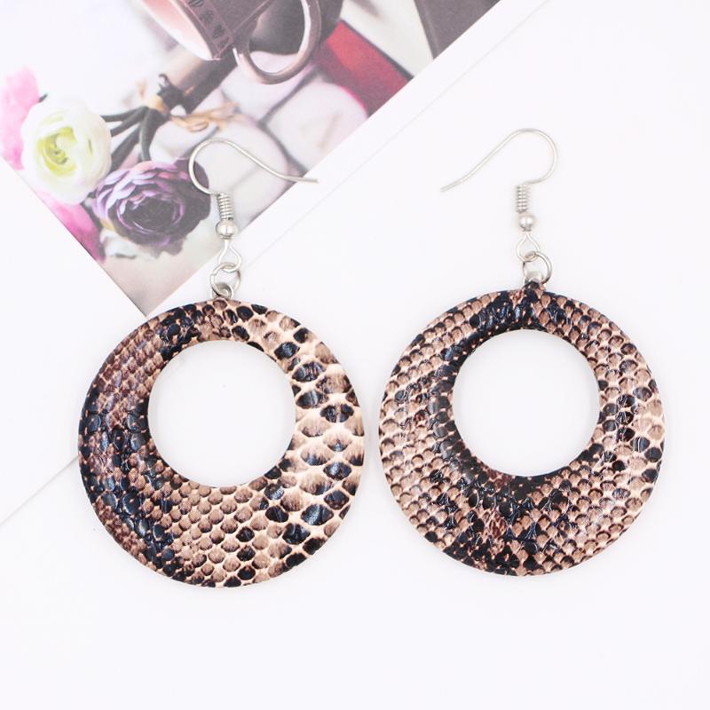 

2020 New Fashion Trendy Snake Print Dangle Drop Earrings For Women Geometry Big Round Hanging Earring Statement Leather Jewelry