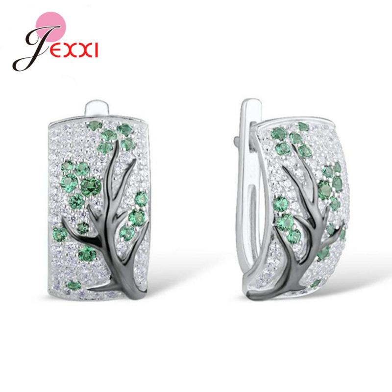 

925 Sterling Silver Multicolor Cubic Zirconia Plum Branch Blossom Hoop Earrings Three Branch Women's Wedding Party Jewelry