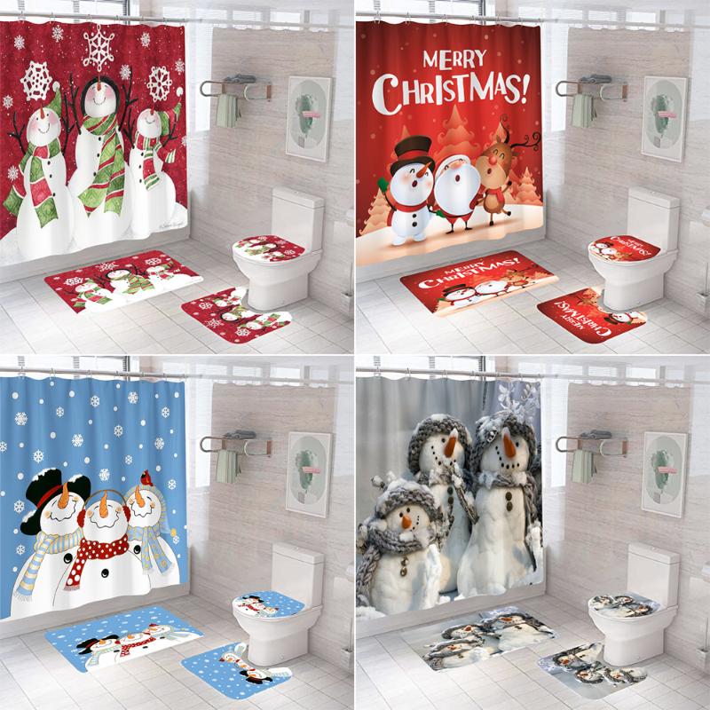 

Merry Christmas Bathroom Shower Curtain and Rug Sets Snowman Santa Claus Anti Slip Mat Toilet Lid Bath Curtains with Hooks
