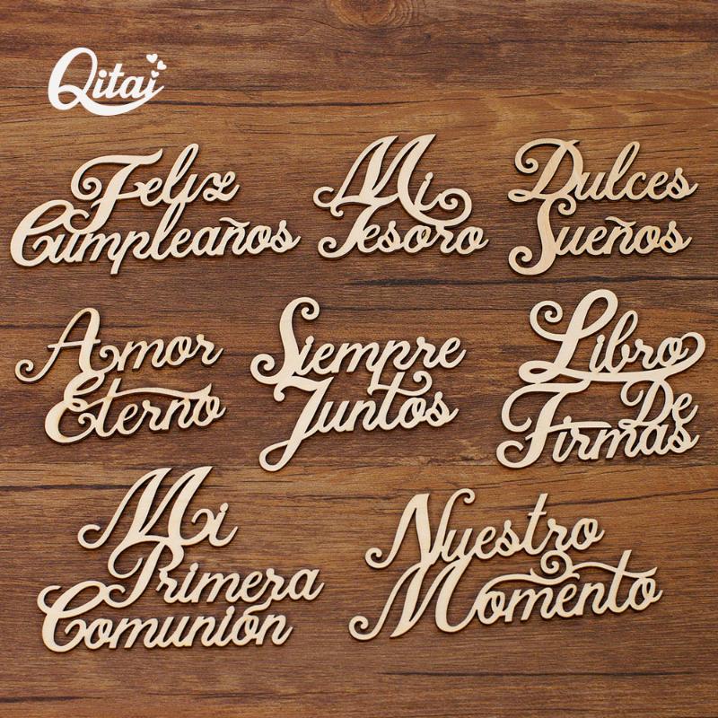 

QITAI 8PCS/BOX 8 Model laser cut wooden Spanish Words love Gift Baby New Born unpainted Wooden Words Set Decoration WF324