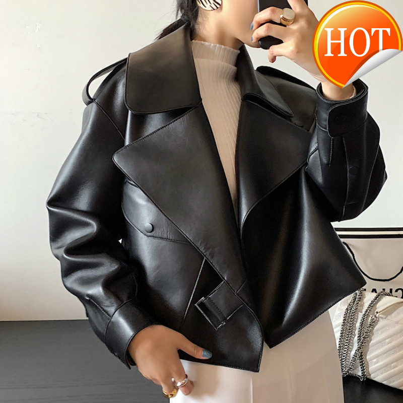 

Women Leather Jacket Cute Spring Autumn Sheepskin Genuine Leather Coat Korean Motocycle Jackets Streetwear Chaqueta Mujer YY538, Black