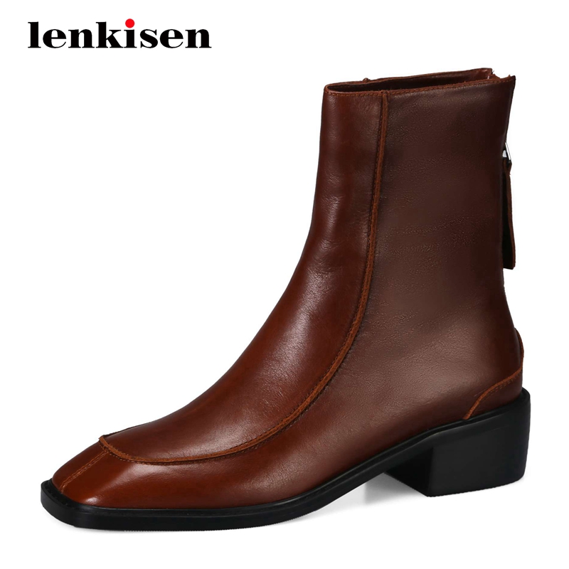 

Lenkisen work boots real leather vintage classic colors european design thick med heel square toe zipper fashion ankle boots L45, Black
