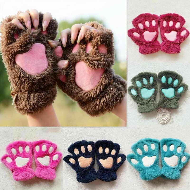 

Women Cute Cat Claw Plush Mittens Costume Short Gloves Half Finger Winter