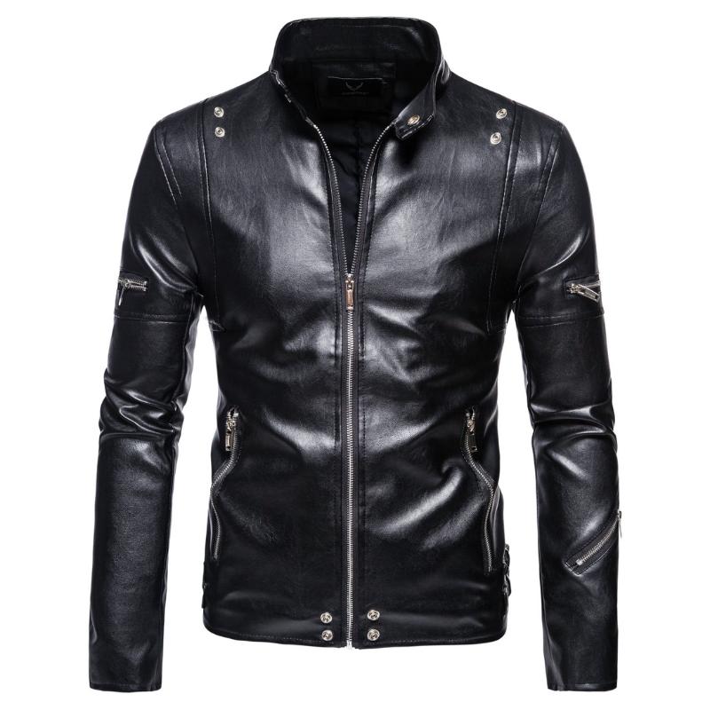 

Autumn Spring Men's Leather Long Sleeve Stand Collar Zipper Solid Pocket Large Size Male Loose Locomotive Coat, Black