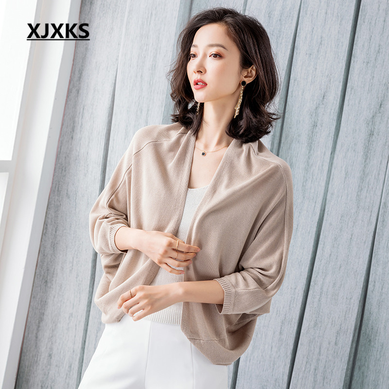

XJXKS 2020 new fashion V-neck women spring knitted small coat comfortable casual linen blend women thin sweater cardigan, Khaki