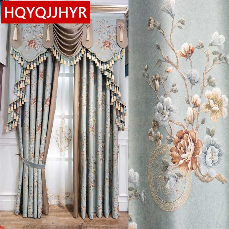 

Blue European-style luxury jacquard full blackout curtains for in living room windows High quality elegant curtains for bedroom, Tulle
