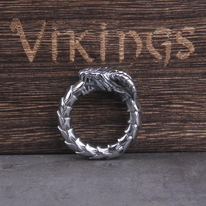 

Viking Style Stainless Steel Huge Ouroboros Snake Ring for Men Male Fashion Jewelry and a cotton chain as gift with wooden box