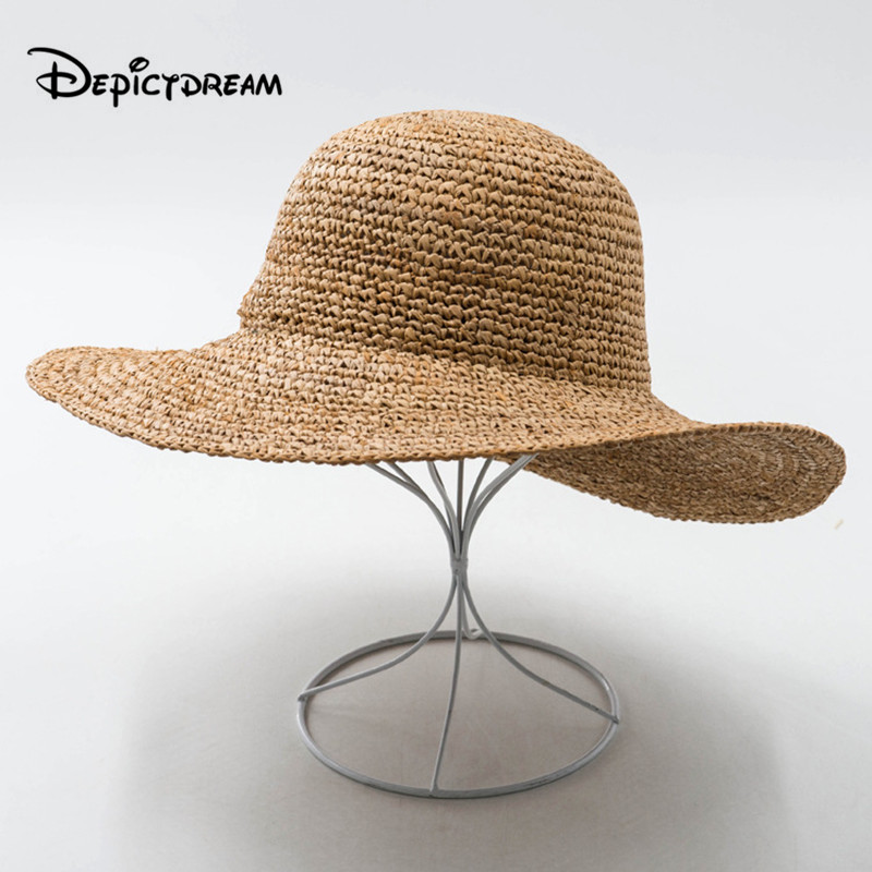 

2020 Hot Sale Round Top Natural hand knitting Raffia Wide Brim Straw Summer Sun Hats for Women With Leisure Beach Hats Lady, As shown