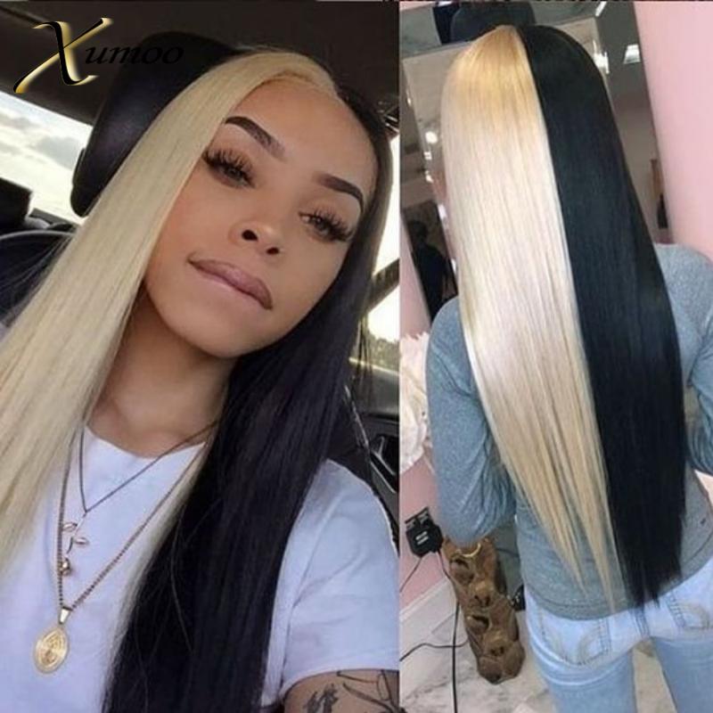 

XUMOO Pre-plucked Remy Hair Straight Half Blonde Half Black Wig Human Hair 360 Lace Frontal Wig 360 Lace Wigs For Black Women, As pic