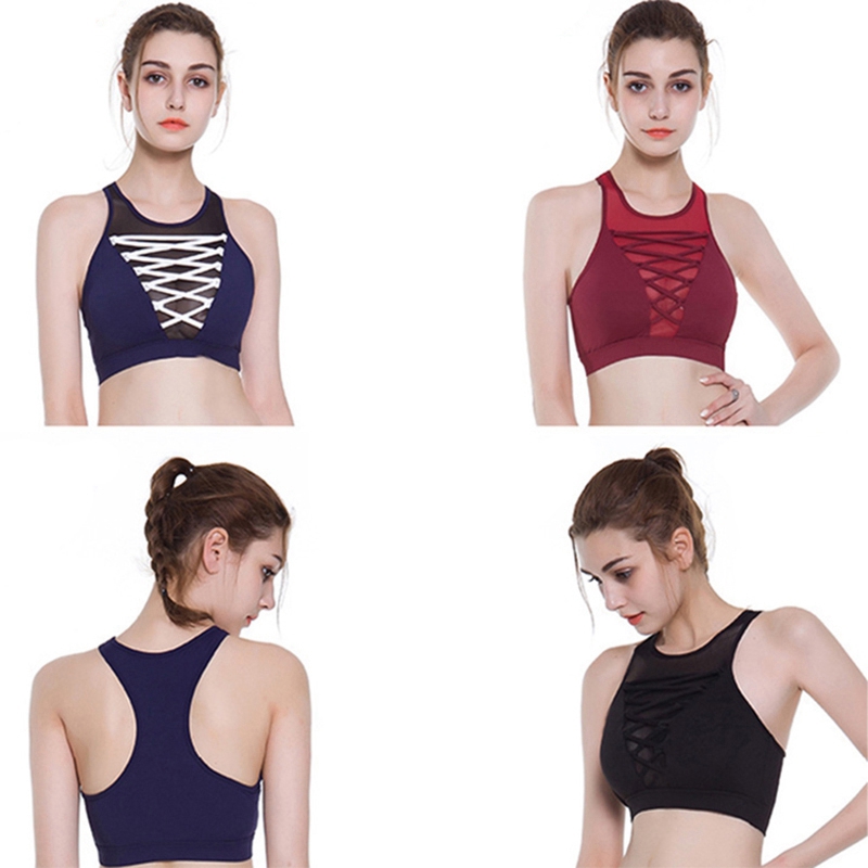 

Sports Bra Mesh Stitching Yoga Bra Shake Proof Quick Dry Fitness Top Padded Gym Top Wire Free Push Up Running, Red