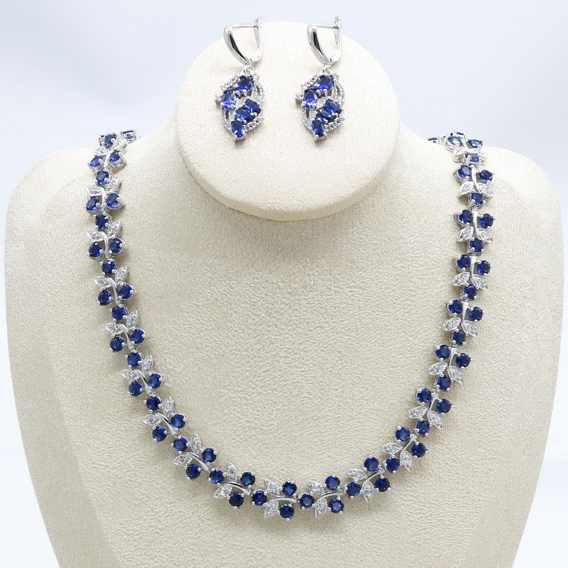 

Royal Blue Crystal Women Silver Color Jewelry Sets Wedding Earrings Necklace Gift Box, As pic