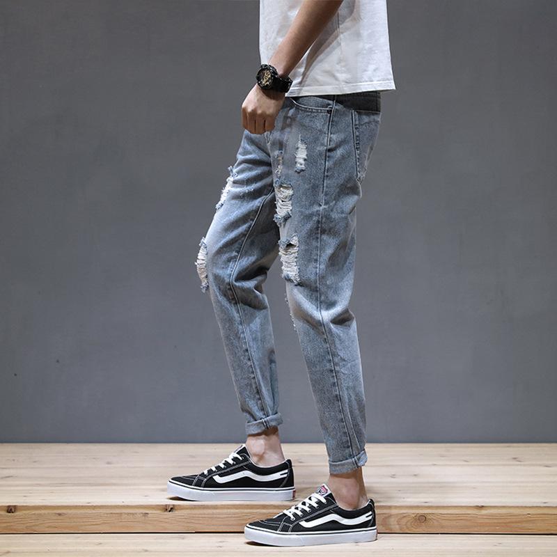 

Ripped Jeans for Men and Summer Thin Cropped Korean All-match Slim Feet Beggar Pants Trousers Scratched Pencil Je, Blue