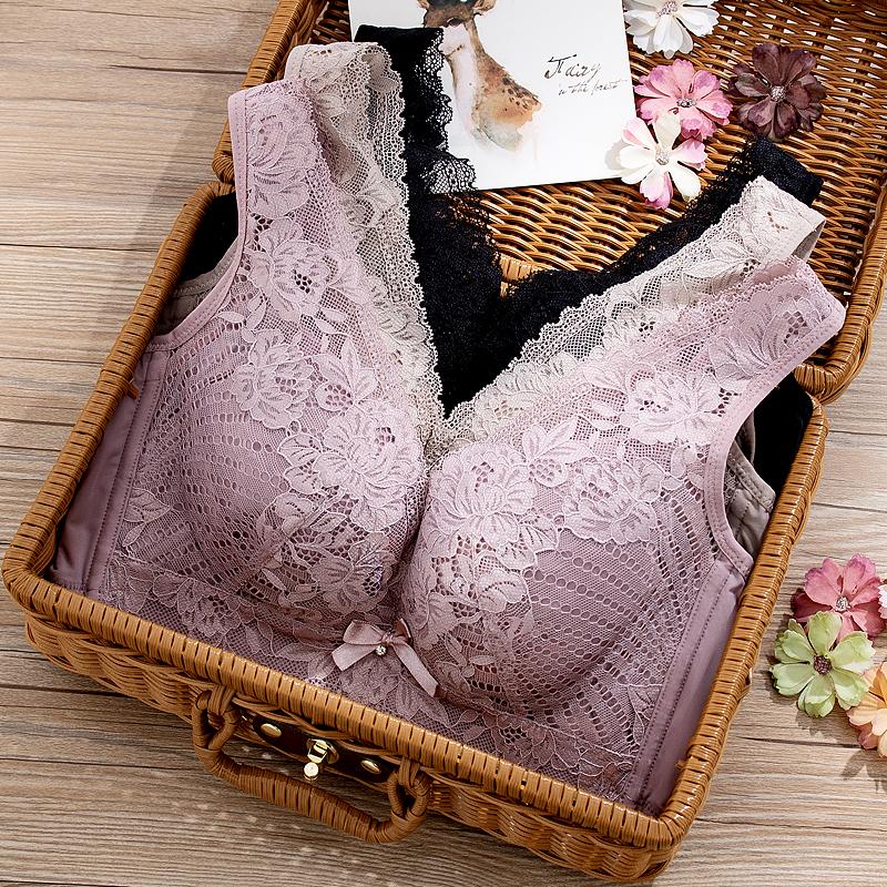 

YueYanni Thin Lace Full Cup Bra Gathering and anti-sagging bra women's large size no sponge and no steel ring, Black